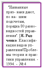 Подпись:   "Названные приз- наки дают, по на-  шим подсчетам, порядка 80 разно-видностей управ- ления". [Я. Рад-ченко. Классифи-кация видов уп-равления//Пробле-мы теории и прак-тики управления. - 1994. -  № 4
